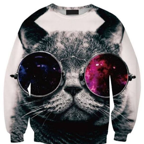 THE BEATLES, JOHN LENNON STYLE CAT WITH SUNGLASSES, HIPPE CAT SWEATSHIRT - Picture 1 of 6